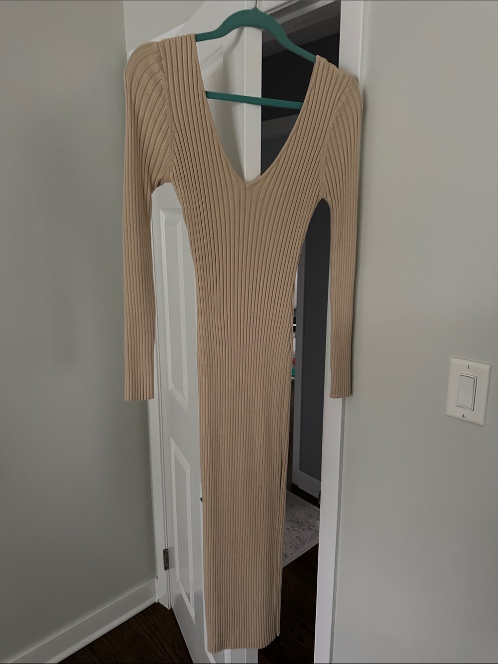 Ribbed Long Sleeve V-Neck Maxi Dress - Beige